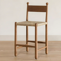 Tabouret de bar mi-siècle en bois massif, style minimaliste, chaise de bar vintage à dossier haut en rotin tressé, pour restaurant, usage commercial, événementiel