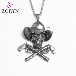 Collares con Colgante de Calavera Vaquera de Acero Inoxidable, Collares de Moda con Doble Pistola, Estilo Punk Gótico Vintage, de Acero de Titanio para Hombre - Product Image 1