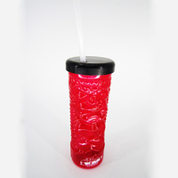 OEM/ODM Gobelets Tiki en plastique incassable rouge/bleu/vert/transparent avec couvercle et paille, approvisionnement d'usine personnalisé