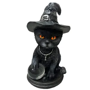 Estatuilla de resina personalizada, bruja de Halloween, gato, bola de cristal mágica, bruja, gatito, decoración del hogar