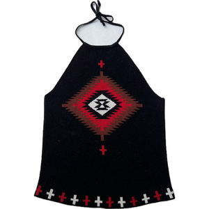 Pull élégant pour femmes Gilet en tricot noir avec motifs géométriques rouges et blancs d'inspiration indienne - Product Image 1