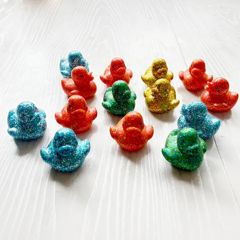 10pcs Random Color Mini Ducks Sequin Miniature Vinyl Duck Baby Bathing Water Play Toy Cognitive Floating Toy Without BB Sound