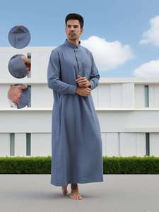 Qamis bleu en coton pour homme, col montant, manches longues, longueur ras du sol, robe de prière modeste, vêtement traditionnel du Moyen-Orient - Product Image 4