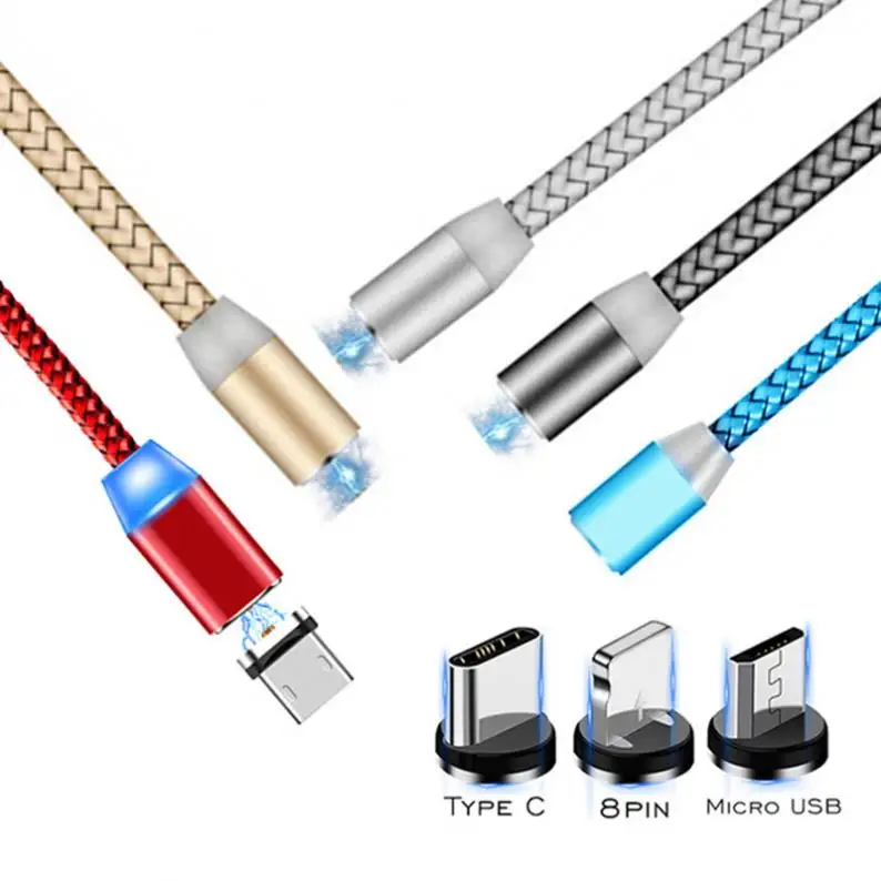 Vender สายชาร์จโทรศัพท์มือถือออกแบบใหม่, ยาว1เมตร3 in 1 USB ชาร์จข้อมูล LED สายโลหะชาร์จโทรศัพท์แม่เหล็ก