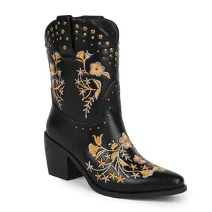 WETKISS Botas Tobilleras Estilo Campiña con Bordado Mexicano, <span class=keywords><strong>Botines</strong></span> Negros con Tacones Gruesos y Tachuelas, Botas Vaqueras Florales - Product Image 1