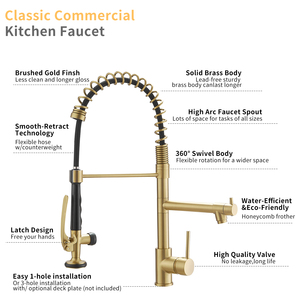 FLG in oro spazzolato rubinetto da cucina a manico singolo rubinetto a molla <span class=keywords><strong>con</strong></span> Pull Down spruzzatore acqua miscelatore scrivania montato in ottone OEM moderno - Product Image 2