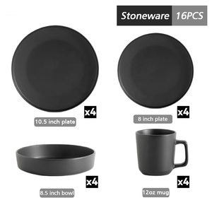 Lot de 16 pièces de vaisselle en céramique à <span class=keywords><strong>motif</strong></span> uni, comprenant tasses, 4 assiettes noires et bols, design classique, résistant aux rayures, compatible lave-vaisselle - Product Image 6