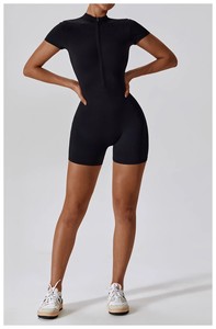 Women Yoga Jumpsuit Short Sleeve Half Zip Bodysuit V Neck Seamless One Piece <b>Romper</b> for Fitness Dance - Product Image 6