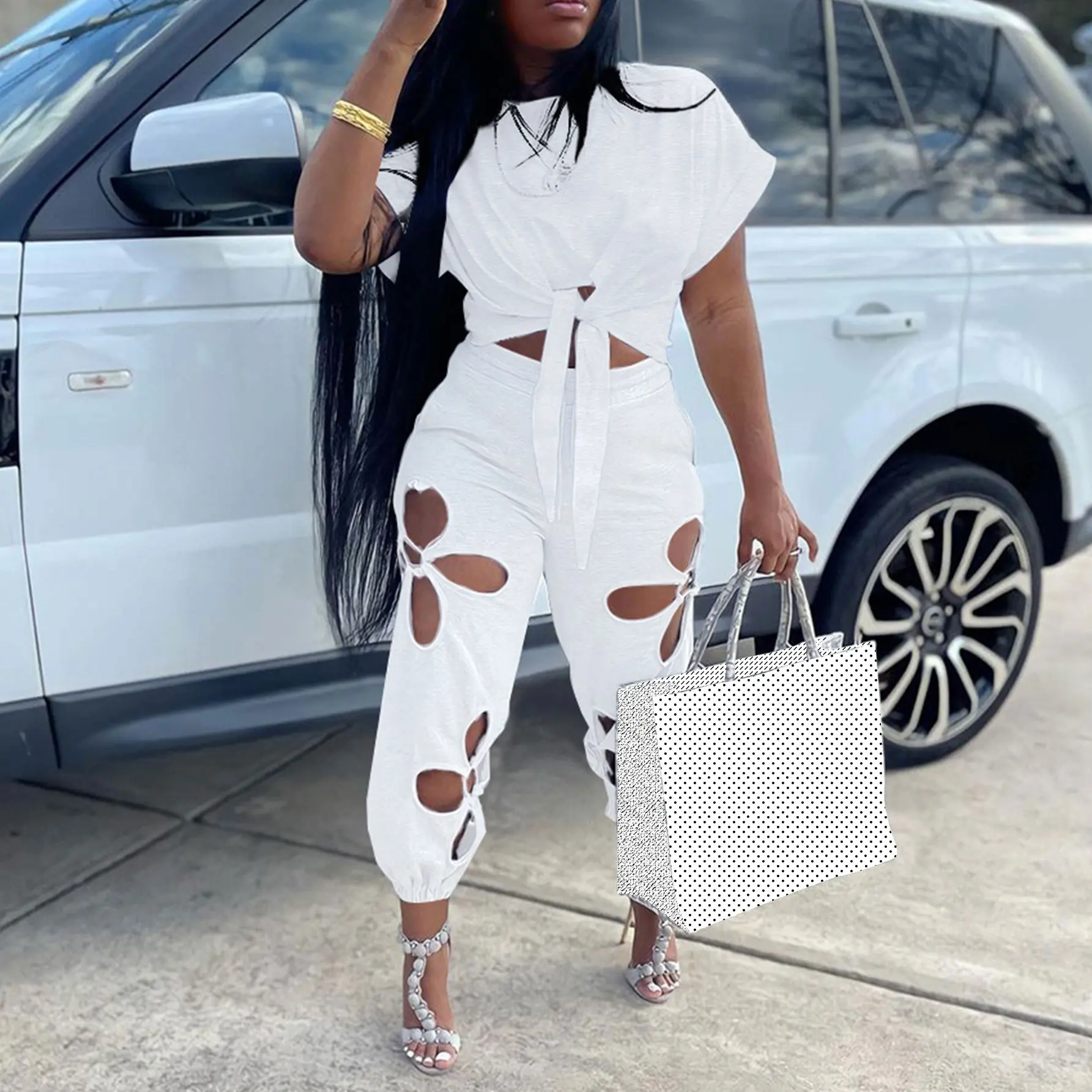 Two-piece with Tie Front Tee   Clover High Waist Pants Summer Casual White Suit Chic Spring Comfort:Women's Stretchy Polyester