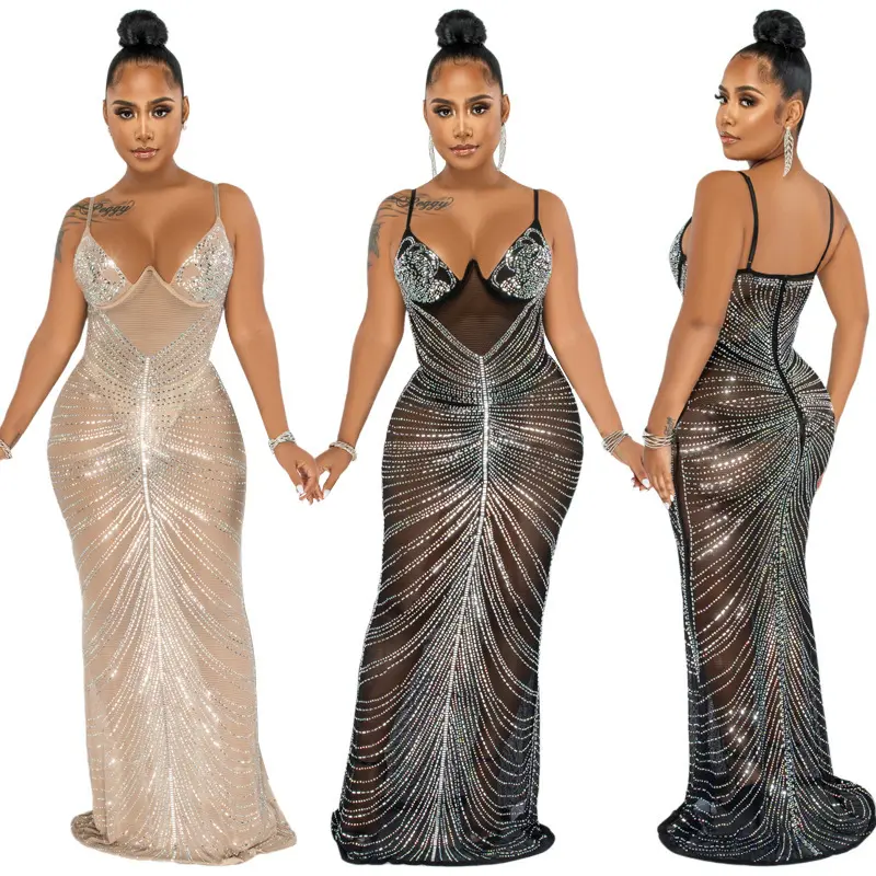 Sparkly Rhinestone Sexy Birthday Dress for Women Elegant Halter Backless Long Mesh See Through Maxi Bodycon Evening Party Dress