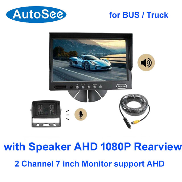 With Speaker Microphone AHD Reverse Camera 7 Inch Monitor 2 Channel for Bus Truck RV Reversing Cam 1080P
