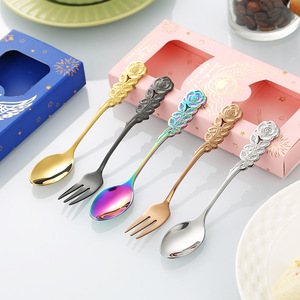 Ensemble de couverts écologiques YOUNIS Classic Rose Handle Spoon Fork, acier inoxydable de qualité alimentaire, pour café, thé, dessert, glace, salade - Product Image 1