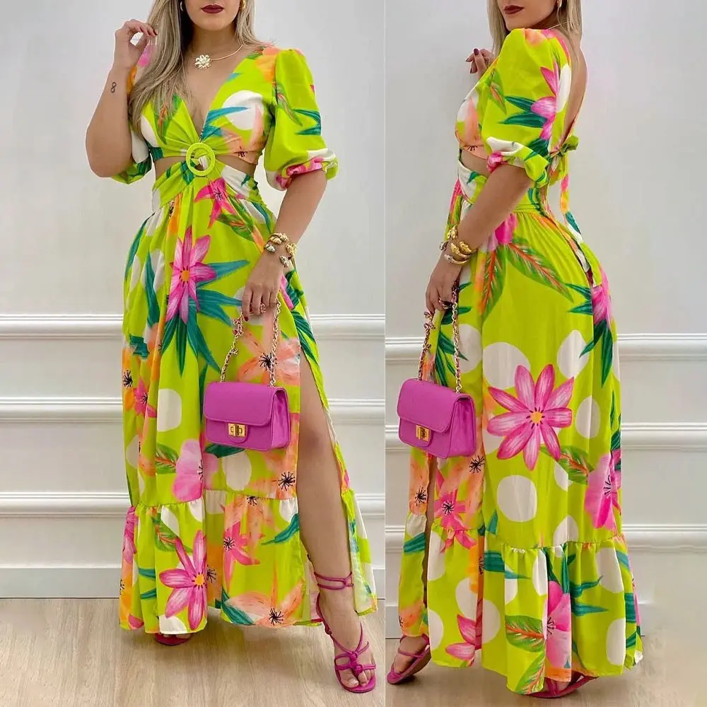 Tốt Bán Phụ Nữ Của Mặc Được Thiết Kế Thời Trang Hoa In Mặt Trời Dresses Maxi Cắt Cao Eo Chia Dài Ăn Mặc