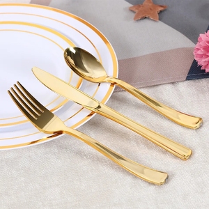 Premium Heavy Duty Gold Wedding Tenedores desechables Cucharas Cuchillos Juego de cubiertos de plástico - Product Image 1