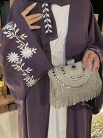 2025 Luxuriöse Damen-Abaya mit Blumenstickerei aus Lila Chiffon, Handgefertigte Elegante Bescheidene Muslimische Kleider für Hochzeiten