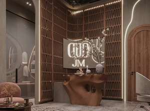 Beauty Salon Interior Design Service Custom Wooden Lattice Screen and Skincare Display Shelving Shopfitting - Product Image 3