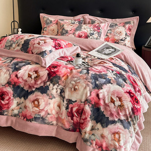 Juego de ropa de cama de terciopelo esponjoso Rosa tamaño Queen Otoño Invierno edredón de franela suave y cálido juego de funda nórdica Reversible de lana de felpa - Product Image 4