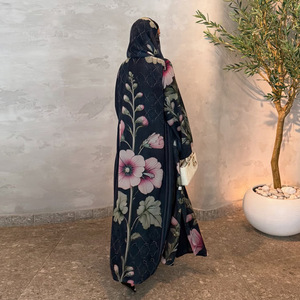 2025 Dubai Luxury Dark Blue Floral Print <strong>Chiffon</strong> Muslim Open <strong>Abaya</strong> With Matching Hijab Loose Modest Outfit - Product Image 3