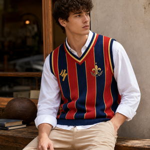 Men Retro Vertical Stripe Knit <b>Vest</b> Preppy Style Sleeveless Pullover Vintage Sweater <b>Vest</b> - Product Image 1