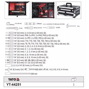 Kit de taladro de iones de litio Yato de 18 V, juego de herramientas eléctricas inalámbricas profesionales con destornilladores y estuche de plástico YT-44251 - Product Image 1