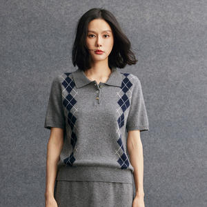 Suéter <span class=keywords><strong>de</strong></span> Cachemira con Cuello Polo <span class=keywords><strong>para</strong></span> <span class=keywords><strong>Mujer</strong></span>, Suéter <span class=keywords><strong>de</strong></span> Manga Corta <span class=keywords><strong>de</strong></span> Cachemira Jacquard con Detalle <span class=keywords><strong>de</strong></span> <span class=keywords><strong>Rombos</strong></span> <span class=keywords><strong>de</strong></span> Alta Calidad, Novedad <span class=keywords><strong>de</strong></span> Primavera - Product Image 2