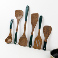 Ensemble d'ustensiles de cuisine en bois, spatule, cuillère, cuillère ajourée, 4 pièces, manche vert, trous de suspension, outils de cuisine, cadeau, maison, restaurant