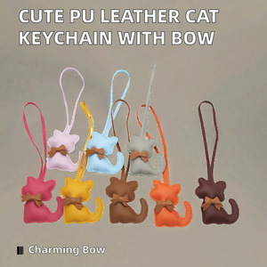 Llavero de cuero PU con forma de gato, colgante de dibujos animados para llaves de coche, accesorio para hombres y mujeres, amuleto para bolso, regalo con diseño de lazo - Product Image 2