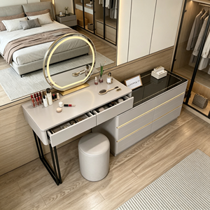 Moderno Set de Maquillaje Beige con Espejo Iluminado LED, Gabinete de Almacenamiento y Taburete - Product Image 6