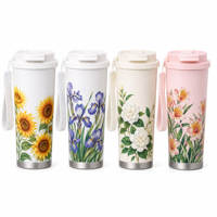 Tumbler Kopi Stainless Steel 316 600ml, Cangkir Terisolasi Dengan Sedotan Ganda, Motif Bunga, Tali Gantungan, Untuk Wanita Kantoran