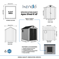 Caseta Resistente Kenda Apex de 6x8 pies con Sistema de Anclaje Triple, Pared Doble Estructural de PP de 15 mm, 32% Menos Tornillos, Más de 10 Años de Duración