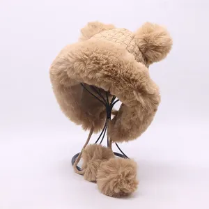 Chapeau oreillette d'extérieur laine tricoté neige ski casquette polaire bombardier trappeur chapeau femmes <span class=keywords><strong>deux</strong></span> fausse fourrure de lapin <span class=keywords><strong>pompon</strong></span> hiver chapeau chaud - Product Image 5