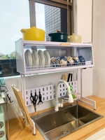 Étagère de rangement pour cuisine à poser sur l'évier, en métal avec portes vitrées, pour l'organisation du comptoir, noir mat