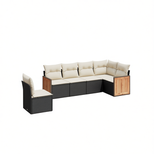 Conjunto de sofá de jardín de ratán blanco crema y negro, 6 plazas, muebles de exterior, diseño contemporáneo, paneles de madera de teca - Product Image 1