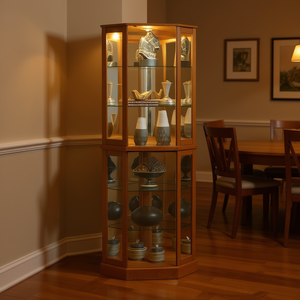 Vetrina Angolare in Quercia con 6 Ripiani, Luci e Specchi, Ripiani Regolabili, Arredamento Moderno per la Casa - Product Image 2