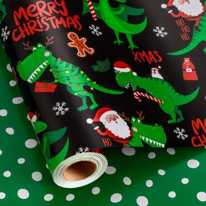 Reversible Black Christmas Wrapping <b>Paper</b> 17x33 Feet Dinosaur Santa Pattern Gift Craft <b>Paper</b> - Product Image 1