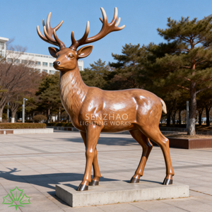 SENZHAO Life Size Fiberglass Deer Sculpture Wood Grain Finish Resin Elk <b>Statue</b> for Outdoor Park Plaza Commercial Landscape Decor - Product Image 4
