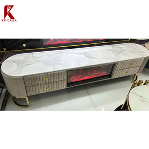Cheminée électrique moderne avec support TV en marbre et pieds en acier inoxydable, foyer LED intégré - Product Image 5