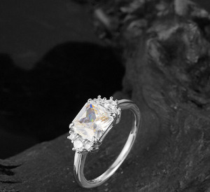 Elegant Radiant Cut Three Stone Moissanite 925 Sterling Silver <b>Thin</b> Band Halo Statement Women Engagement Wedding Promise <b>Ring</b> - Product Image 6