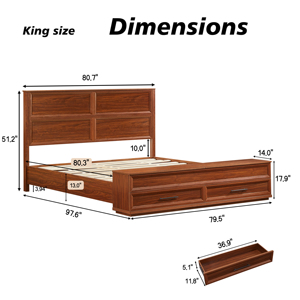 Lit king size avec banc de rangement 4 tiroirs en noyer, mobilier de chambre moderne - Product Image 4