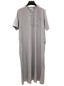 <b>Men's</b> Viscose <b>Thobe</b> Short Sleeve Neck Embroidered Ankle Length Loose Fit Casual Daily Wear Middle East Style Summer Vintage - Product Image 2