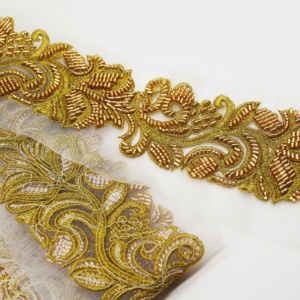 Hot Selling Dubai African Embroidered Bridal Gold Mesh Trim <strong>Lace</strong> <strong>Fabric</strong> Beaded <strong>Lace</strong> Trim for Dress - Product Image 5