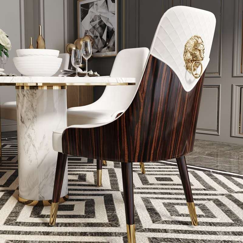 Silla de comedor de madera de lujo, silla de comedor de cuero blanco, cabeza de león, moderna para cocina, comedor, hotel, restaurante con oro