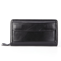 Dompet genggam pria kulit sapi asli ritsleting ganda, stok laris pemegang kartu tahan air panjang MOQ rendah OEM Vintage
