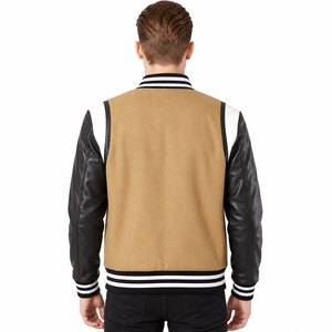 Custom design varsity <b>jacket</b> <b>men</b> tan body black sleeves snap button baseball <b>jacket</b> with striped ribbed cuffs varsity <b>jackets</b> - Product Image 3