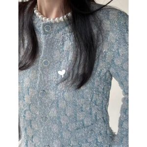 <span class=keywords><strong>Cardigan</strong></span> Lavorato a Maglia da <span class=keywords><strong>Donna</strong></span> Autunno Inverno 2025, Stile di Alta Gamma con Lavorazione Elaborata, <span class=keywords><strong>Blu</strong></span> Argento con Filo Lucido e Nappine, Monopetto - Product Image 3