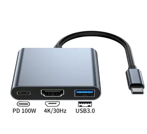 Câble convertisseur de données 3 en 1 USB 3.0 Hub Adaptateur Type C vers HDMI 4K Splitter PD 100W Max Chargeur pour Samsung Huawei Macbook ordinateur portable