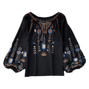 2025 printemps et automne National rétro <span class=keywords><strong>littérature</strong></span> ample brodé coton lin col rond pull chemise femmes haut décontracté - Product Image 6