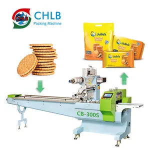 Automatic Horizontal Pillow Wafer Double Sandwiching Bakery Cookies Packaging Flow Wrapper Biscuit Packing Machine
