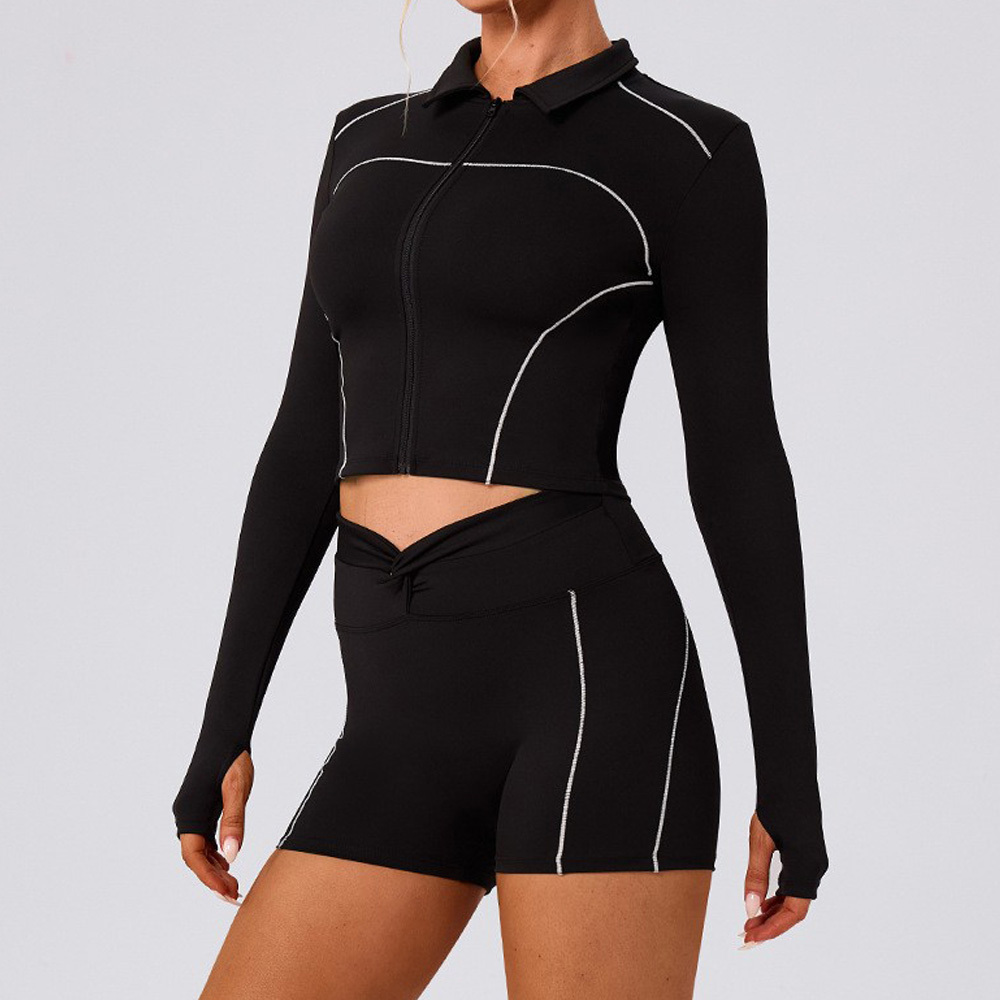 Slim Fit Full Zip Yoga Jacket and High Waist Twisted Shorts Set for Women Gym Workout and Training