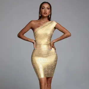Stylish women one-shoulder gold body con Birthday Bandage Party Club Metal mini sexy cocktail dress for women